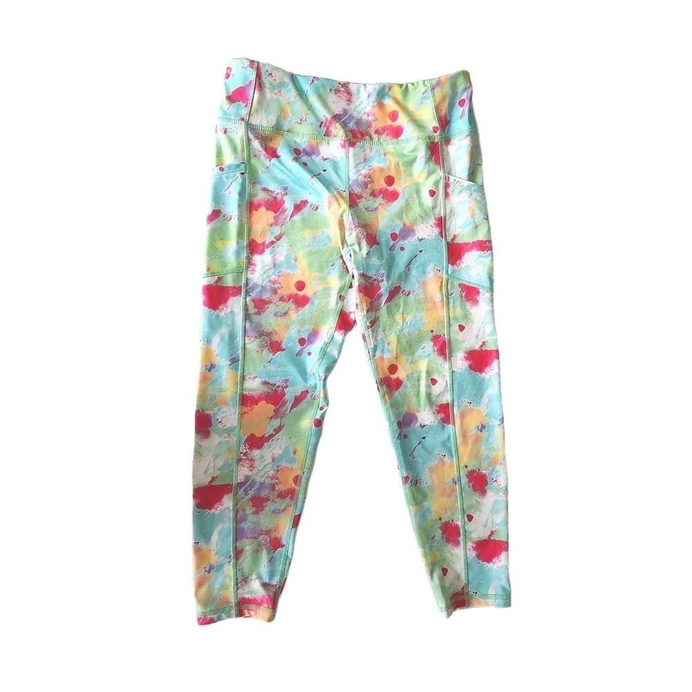 Pro Player Women's Large Moisture Wick Fun Watercolor +Pockets Crop Leggings EUC